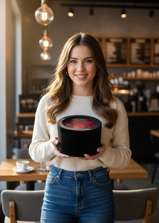 Aranjament Lux 5 Trandafiri Criogenați Roșii, Cutie Catifea Neagră