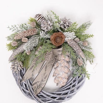 Coroniță Crăciun "Silver Woodland" pe Lemn Împletit Gri