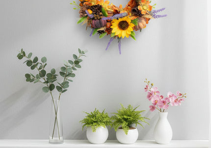 Coroniță Florală Handmade „Autumn Sun” – Aranjament pe Bază de Iută cu Floarea-Soarelui, Dovleci și Lavandă