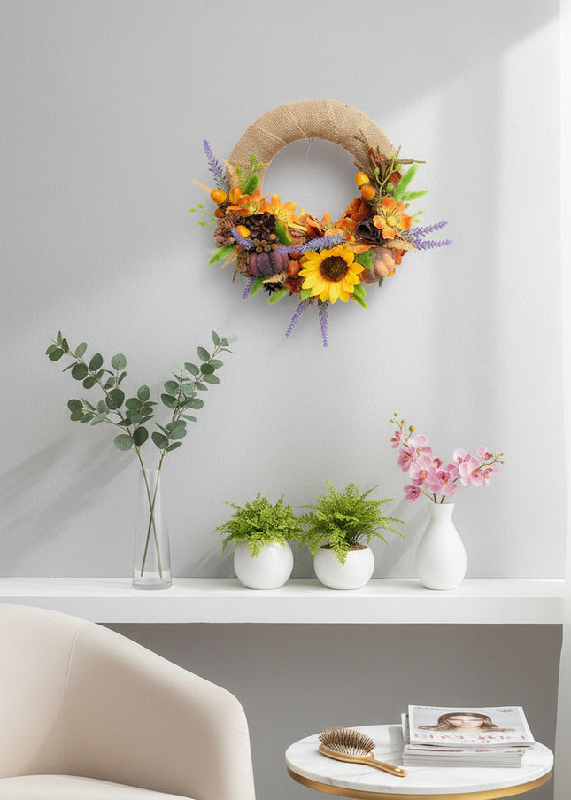 Coroniță Florală Handmade „Autumn Sun” – Aranjament pe Bază de Iută cu Floarea-Soarelui, Dovleci și Lavandă