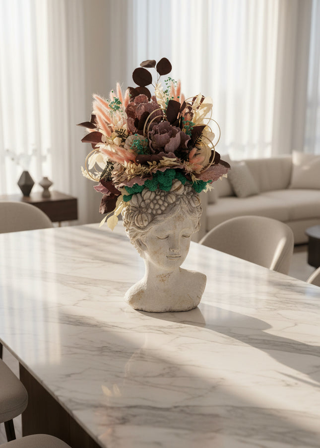 Aranjament floral „Mystic Bloom” în bust sculptural – flori uscate, eucalipt și accente turcoaz