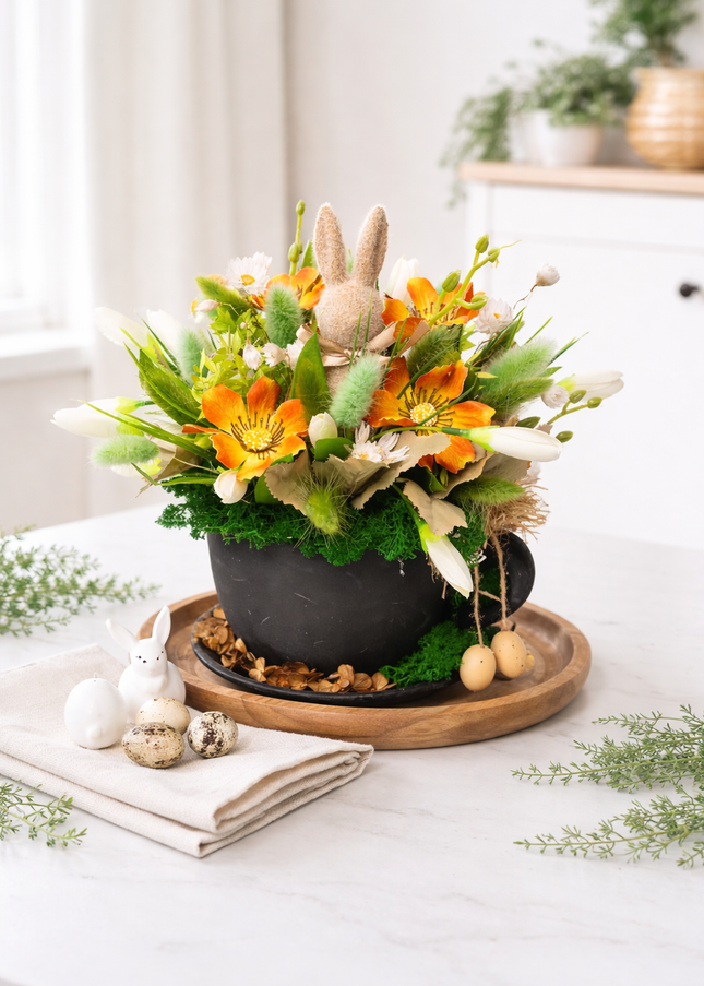 Aranjament de Paște „Sunny Bunny Pot” – decor floral cu iepuraș și accente naturale