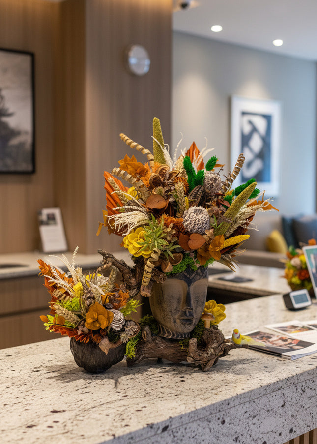 Aranjament floral „Autumn Spirit” în bust sculptural – compoziție rustică cu flori uscate și elemente naturale