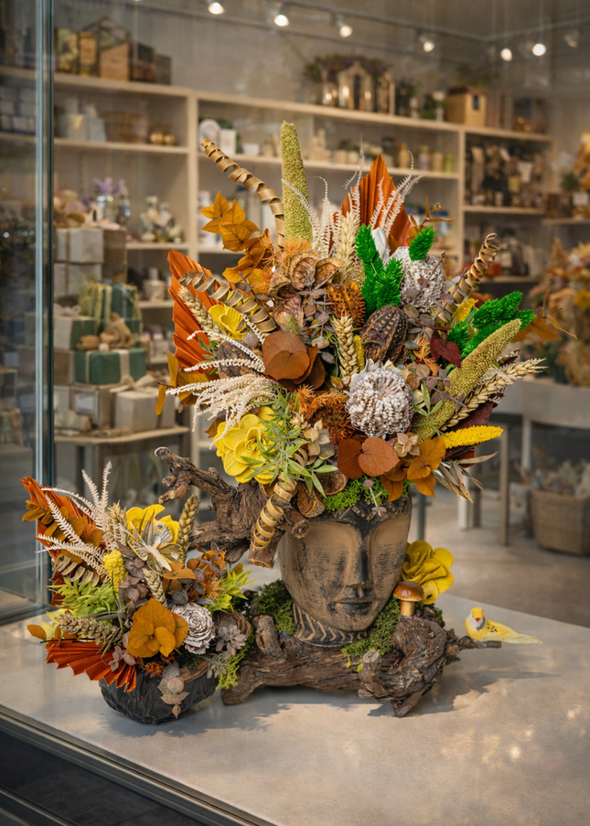 Aranjament floral „Autumn Spirit” în bust sculptural – compoziție rustică cu flori uscate și elemente naturale