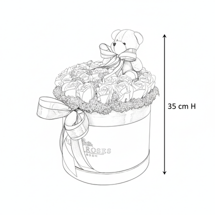 Aranjament Lux Trandafiri Săpun Albi și Ursulet Catifea
