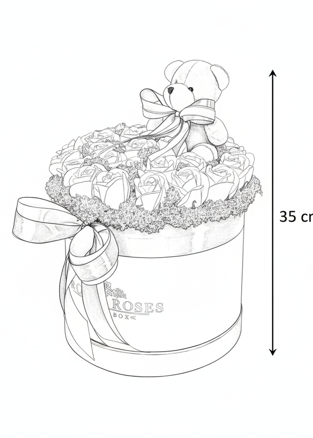 Aranjament Lux Trandafiri Săpun Albi și Ursulet Catifea