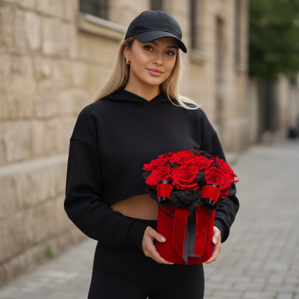 Aranjament Lux 11 Trandafiri Criogenați Roșii, Cutie Catifea