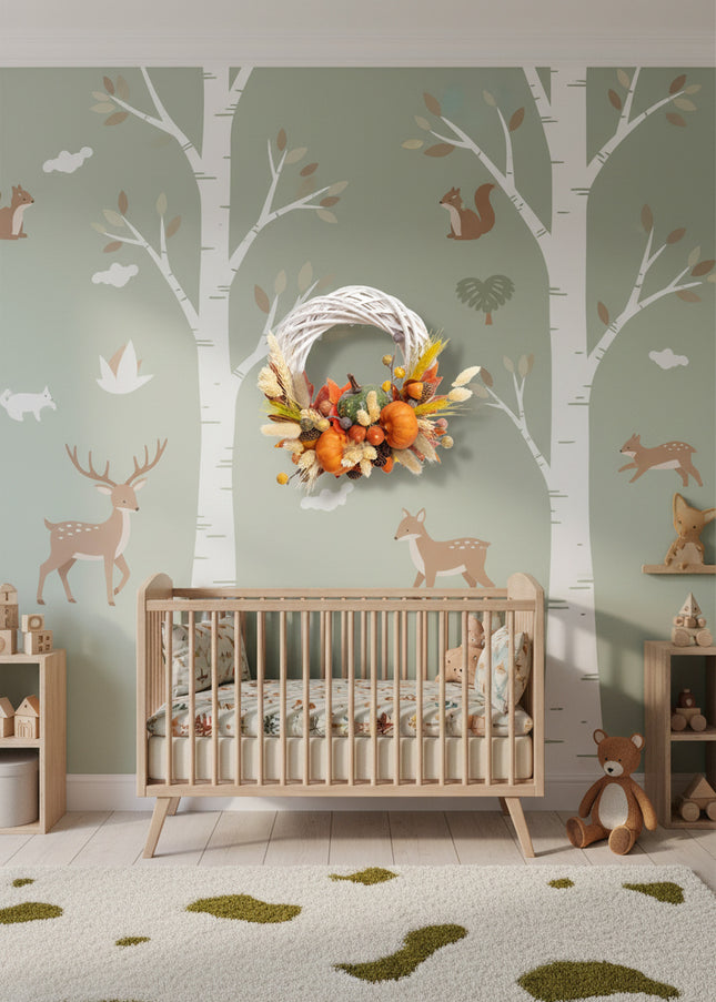 Coroniță Handmade „Autumn Bounty” – Decor de Toamnă cu Mini-Dovleci, Spice și Frunze Ruginii pe Răchită Albă
