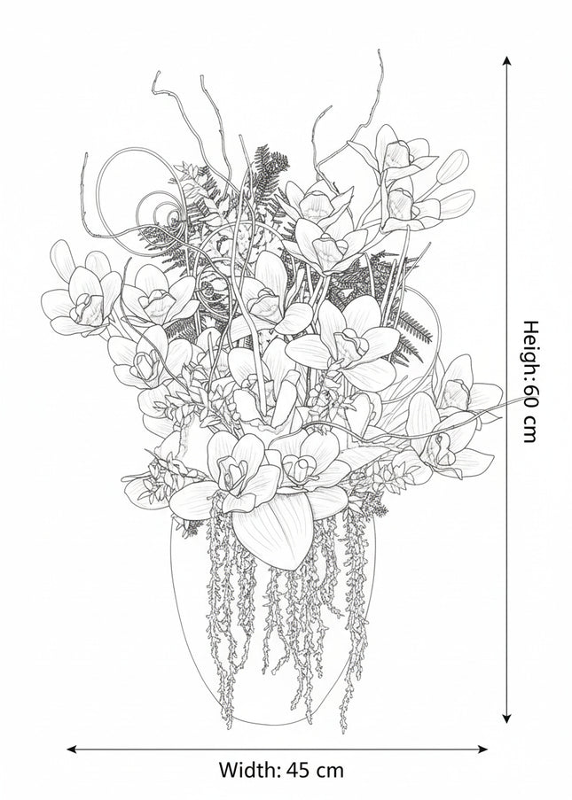 Aranjament Floral „Azure Dream” în Vas Alb – Compoziție Handmade cu Orhidee Albastre, Plante Curzătoare și Accente Boeme