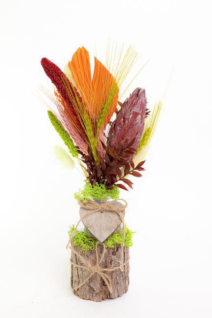 Aranjament Floral „Amber Heart” în Bază de Scoarță Naturală – Decor Handmade cu Protea Bordo, Palmier Portocaliu și Spice de Grâu