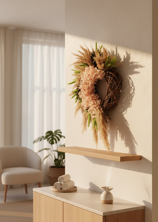 Coroniță Decorativă Handmade „Blush Willow Wreath” – Aranjament din Nuiele, Flori de Hortensie și Ierburi de Păpădie