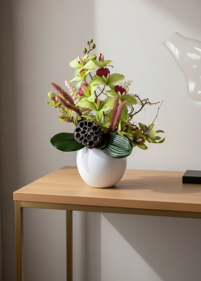 Aranjament Floral „Emerald Orchid” în Vas Ceramic Alb – Compoziție Handmade cu Orhidee Verzi, Lotus și Accente Naturale