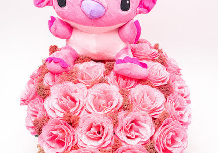 Aranjament Cutie Roz cu 23 Trandafiri & Pluș Stitch (Angel)