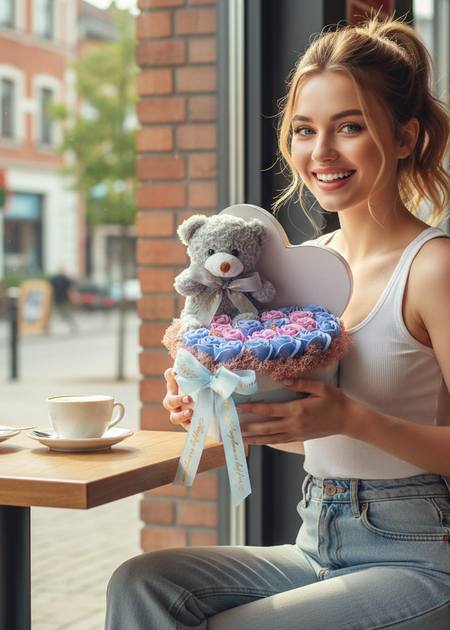 Aranjament Inimă Lux Trandafiri Roz-Albastru & Ursuleț