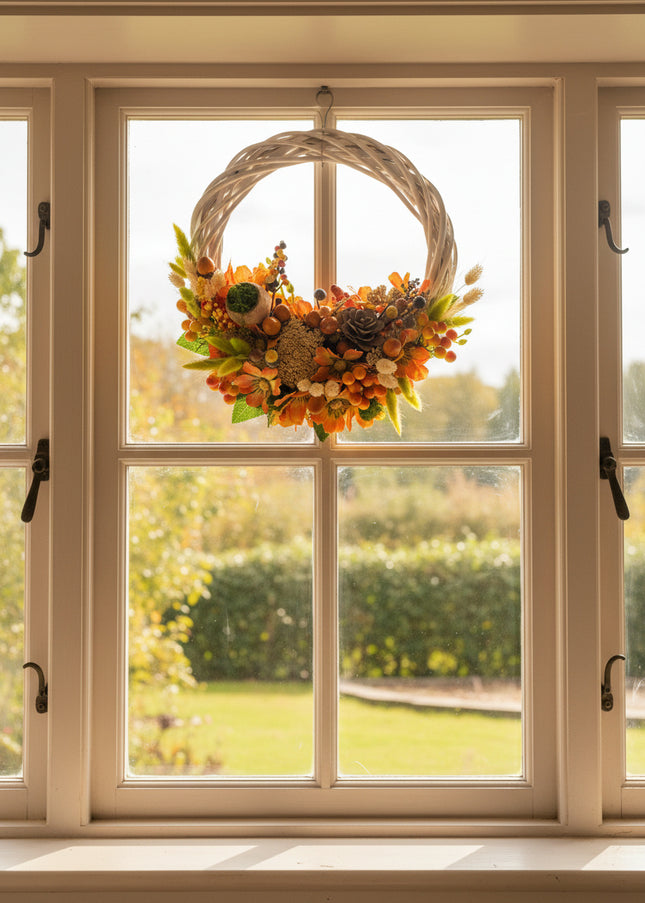 Coroniță Handmade „Harvest Sun” – Aranjament Floral pe Bază de Răchită Albă cu Flori de Câmp și Dovleci