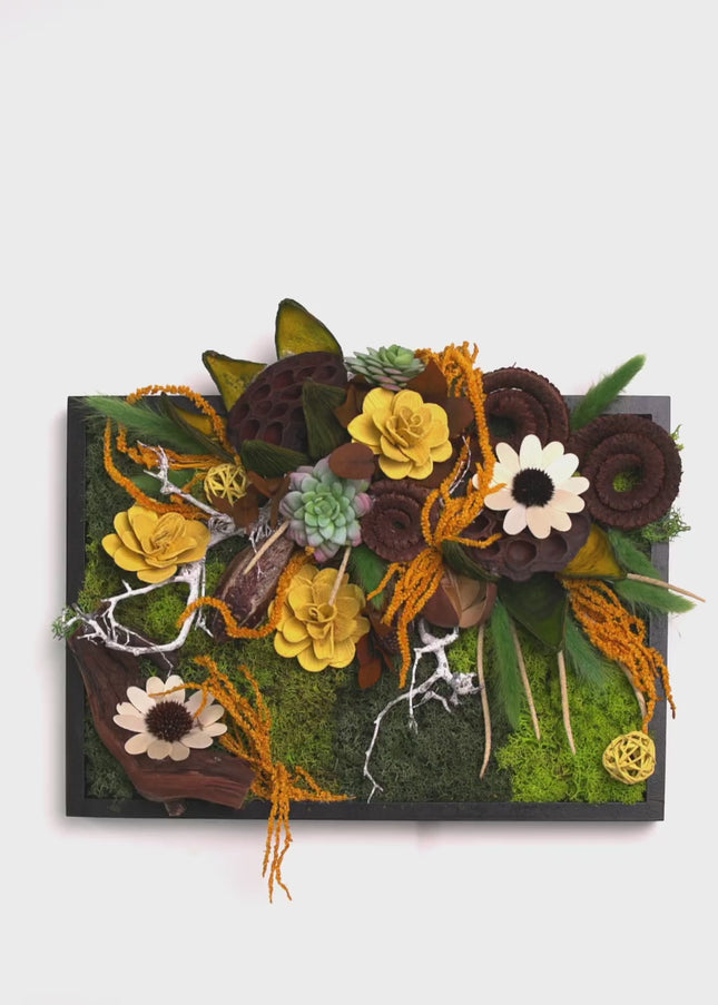 Tablou decorativ „Meadow Glow” – compoziție botanică cu mușchi și flori naturale