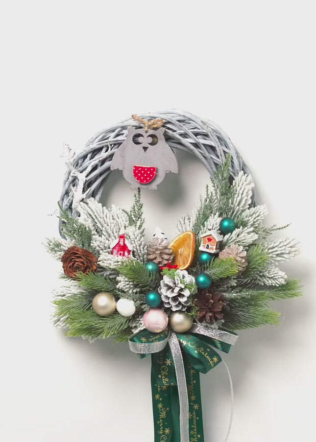 Coroniță Crăciun "Wise Owl" pe Lemn Împletit Gri-Lavandă