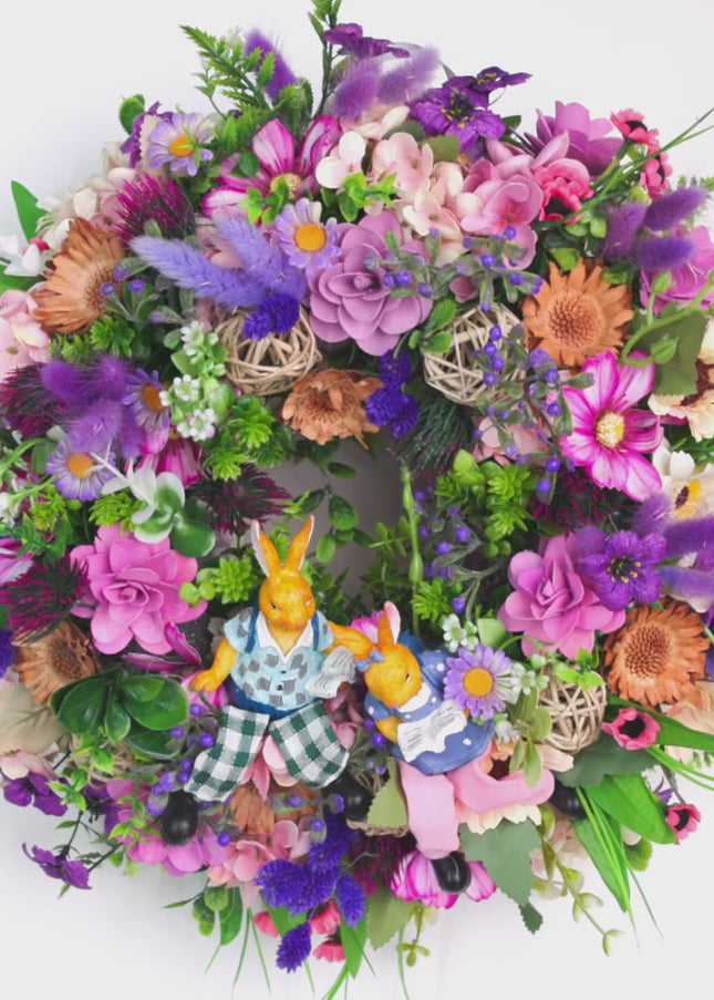 Coroniță de Paște „Spring Bunny Duo” – decor vesel cu iepurași și flori pastelate