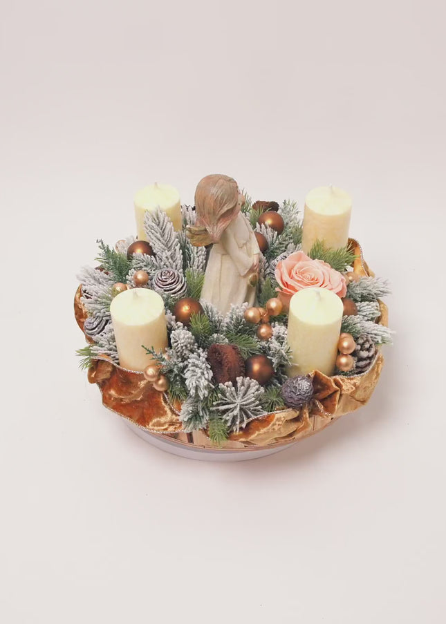Aranjament Crăciun Advent  "Glow of Angels" cu Trandafir și Catifea