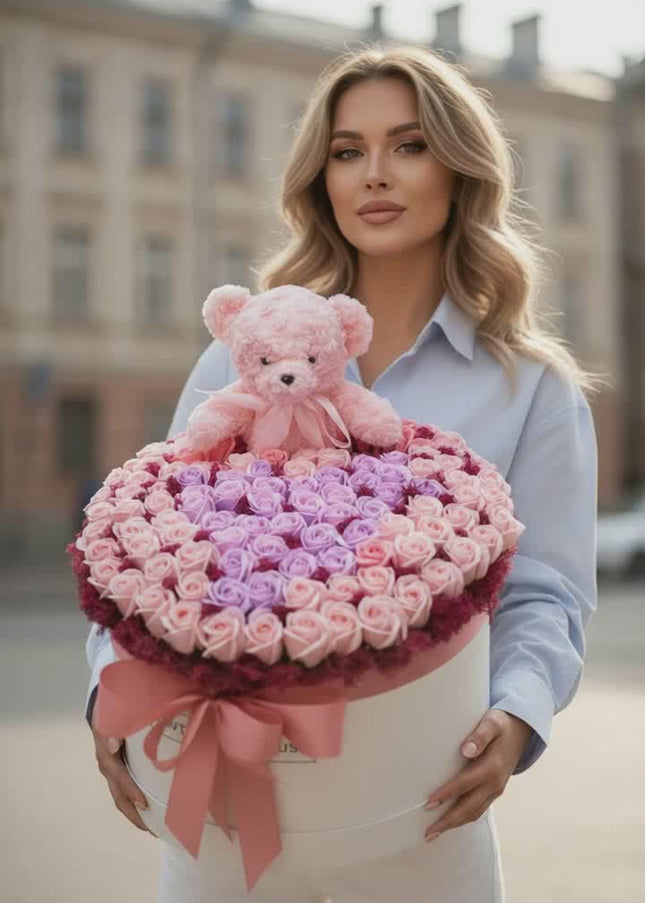 Aranjament Lux Trandafiri Săpun Roz & Lila, Ursulet Gri