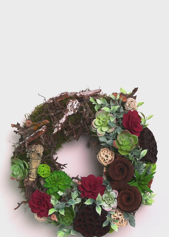 Coroniță decorativă „Rustic Bloom” – decor natural cu accente burgundy