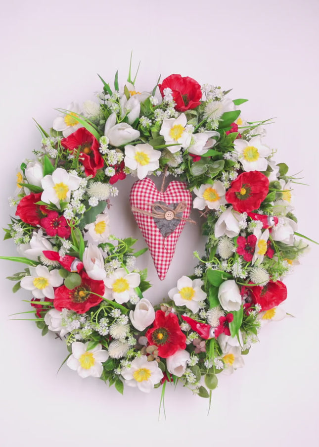 Coroniță florală de Paște „Spring Heart” – decor festiv cu flori albe, roșii și inimă decorativă
