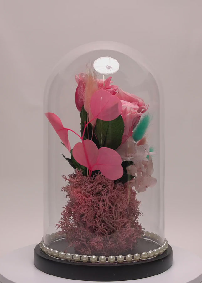 Cupolă Lux 3 Trandafiri Criogenați Roz & Perle