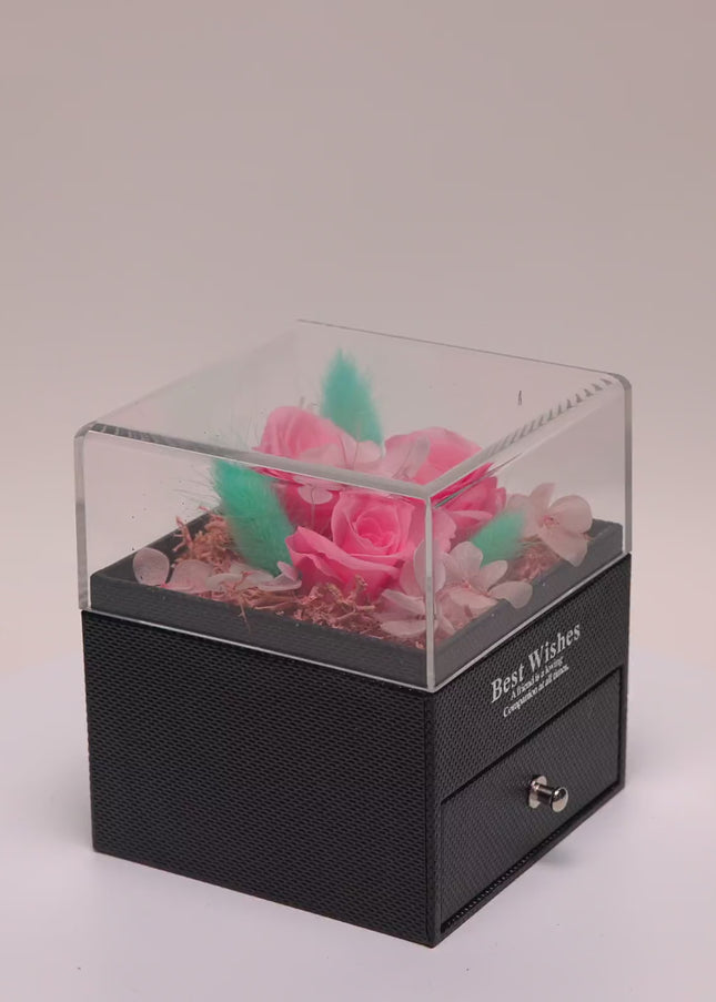 Aranjament 3 Trandafiri Criogenați Roz, Cutie Acrilică "Best Wishes"