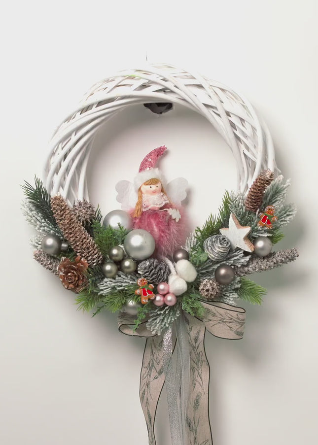 Coroniță Crăciun "Silver Angel" pe Lemn Natural Alb