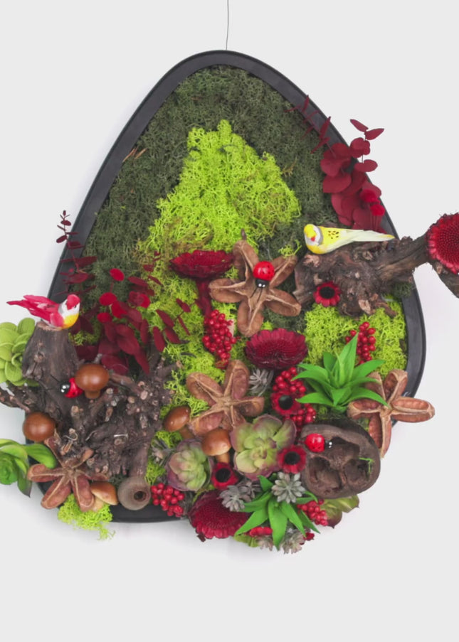 Tablou „Crimson Grove” cu licheni stabilizați și accente roșii – decor natural cu elemente botanice