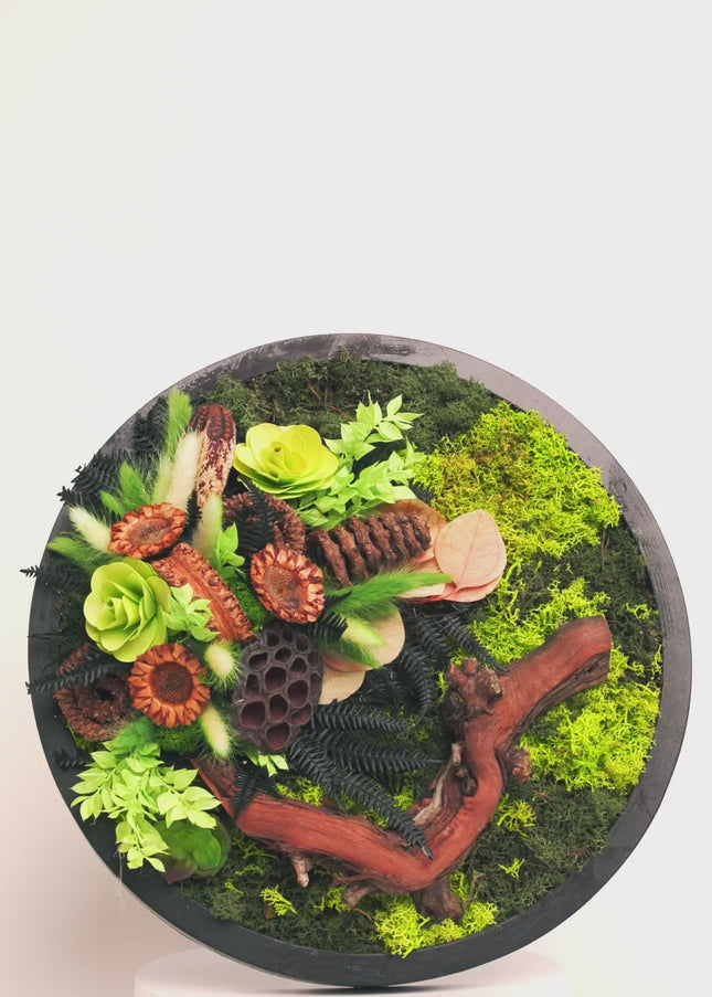 Tablou Biophilic Circular „Emerald Orb” – Panou Decorativ Handmade cu Mușchi, Licheni și Relief de Pădure