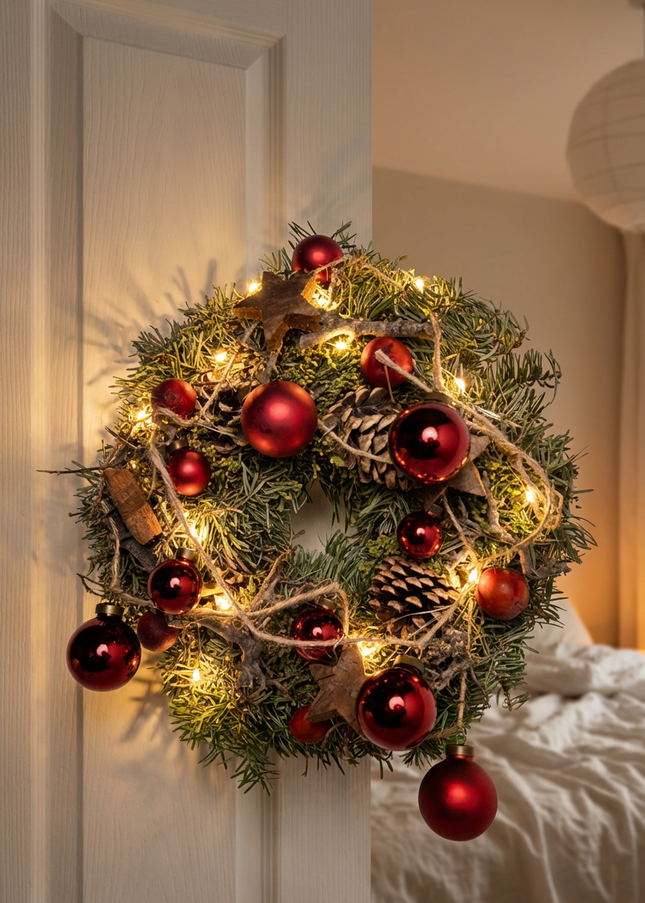 Coroniță de Crăciun Artizanală „Classic Crimson & Pinecone”