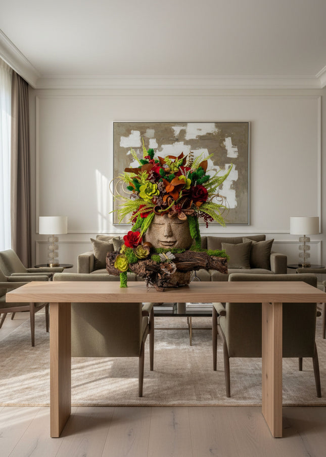Aranjament floral „Forest Harmony” în bust decorativ – compoziție naturală cu accente verzi și roșii