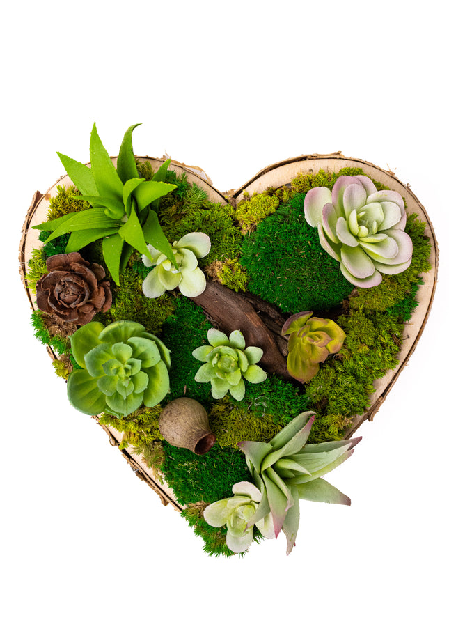 Tablou decorativ „Forest Heart Mini” – inimă cu suculente și mușchi stabilizat