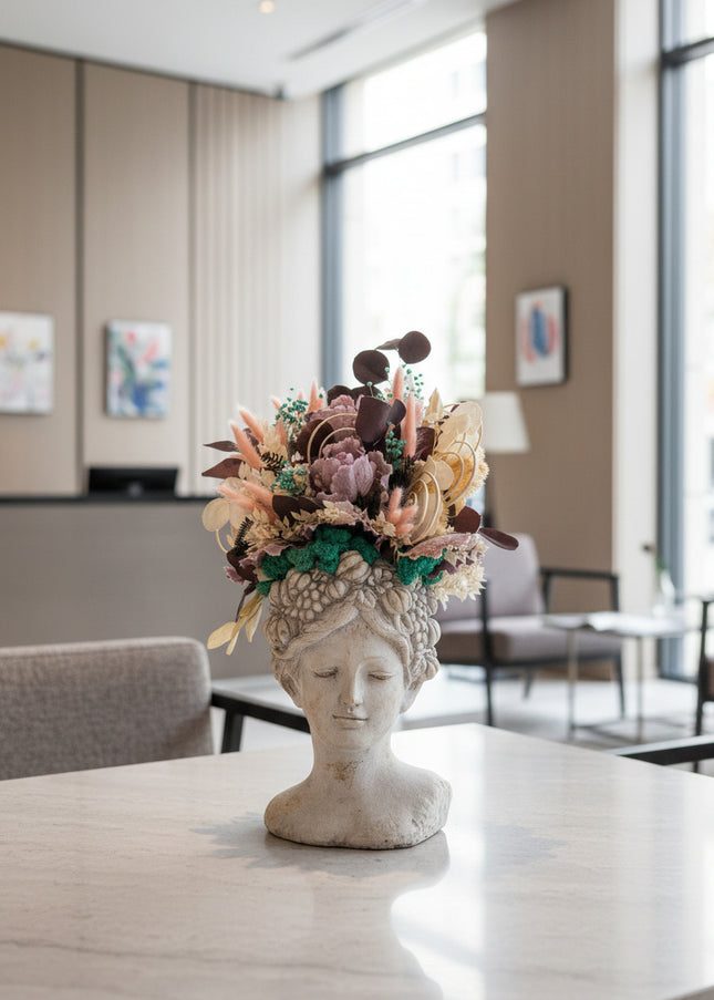 Aranjament floral „Mystic Bloom” în bust sculptural – flori uscate, eucalipt și accente turcoaz