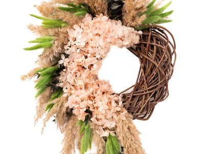 Coroniță Decorativă Handmade „Blush Willow Wreath” – Aranjament din Nuiele, Flori de Hortensie și Ierburi de Păpădie
