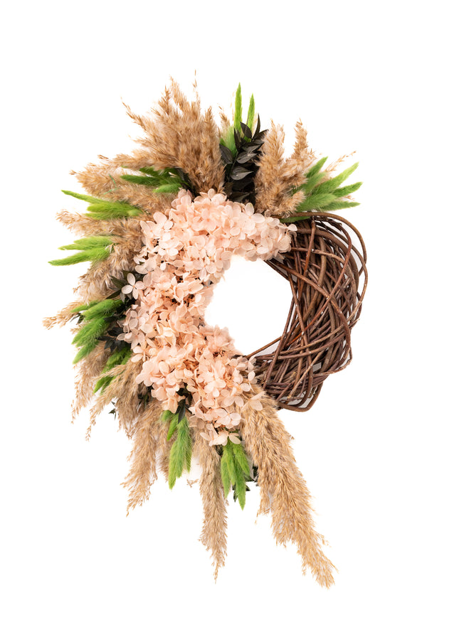 Coroniță Decorativă Handmade „Blush Willow Wreath” – Aranjament din Nuiele, Flori de Hortensie și Ierburi de Păpădie
