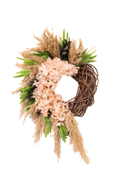 Coroniță Decorativă Handmade „Blush Willow Wreath” – Aranjament din Nuiele, Flori de Hortensie și Ierburi de Păpădie