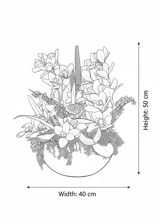 Aranjament Floral „Solar Orchid” în Vas Ceramic Negru – Decor de Lux cu Orhidee Galbene, Ilex și Accente Botanice Exotice