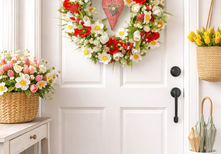 Coroniță florală de Paște „Spring Heart” – decor festiv cu flori albe, roșii și inimă decorativă
