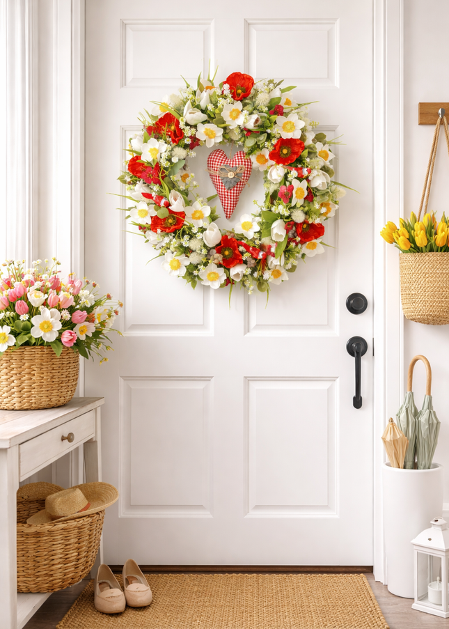 Coroniță florală de Paște „Spring Heart” – decor festiv cu flori albe, roșii și inimă decorativă