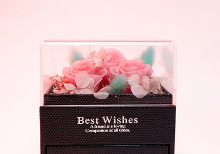 Aranjament 3 Trandafiri Criogenați Roz, Cutie Acrilică "Best Wishes"