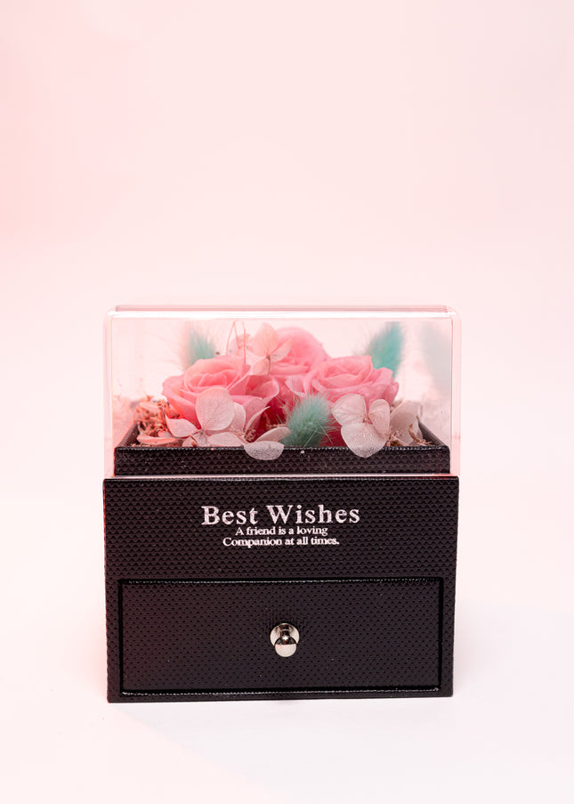 Aranjament 3 Trandafiri Criogenați Roz, Cutie Acrilică "Best Wishes"