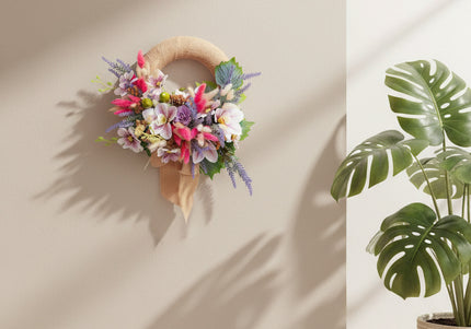 Coroniță Florală Handmade „Boho-Chic Dream” – Aranjament cu Iută, Flori Exotice și Accente de Lavandă