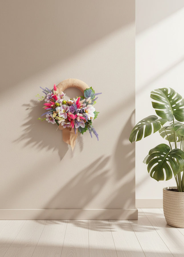Coroniță Florală Handmade „Boho-Chic Dream” – Aranjament cu Iută, Flori Exotice și Accente de Lavandă
