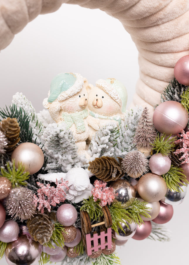 Coroniță Crăciun "Pink Pastel Bears" cu Bază Catifea