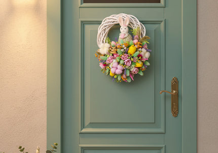 Coroniță florală de Paște „Sweet Bunny” – decor festiv cu iepuraș, flori pastel și accente jucăușe