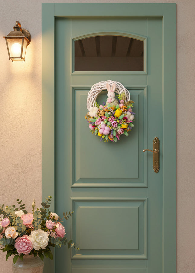 Coroniță florală de Paște „Sweet Bunny” – decor festiv cu iepuraș, flori pastel și accente jucăușe