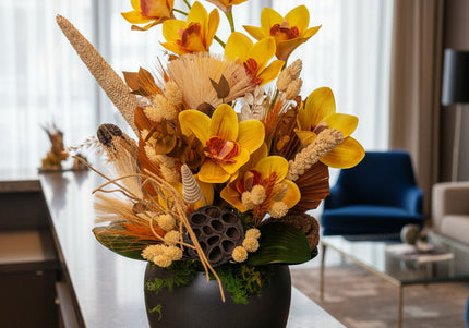 Aranjament floral „Amber Bloom” în vas ceramic – orhidee galbene și accente naturale