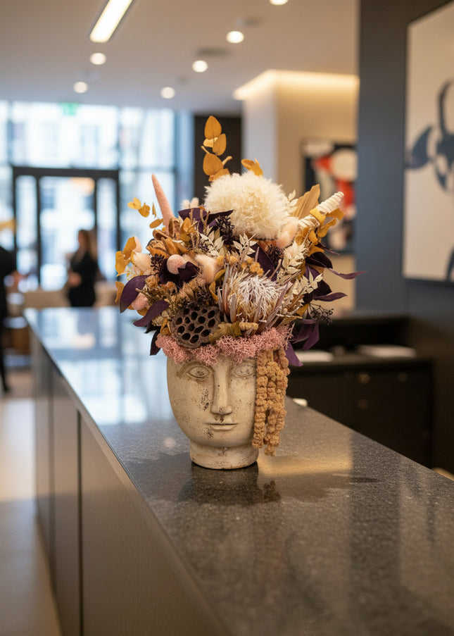 Aranjament Floral „Statue of Muse” în Vas Sculptural – Decor Artizanal cu Protea Albă, Flori Uscate și Accente Boho-Chic